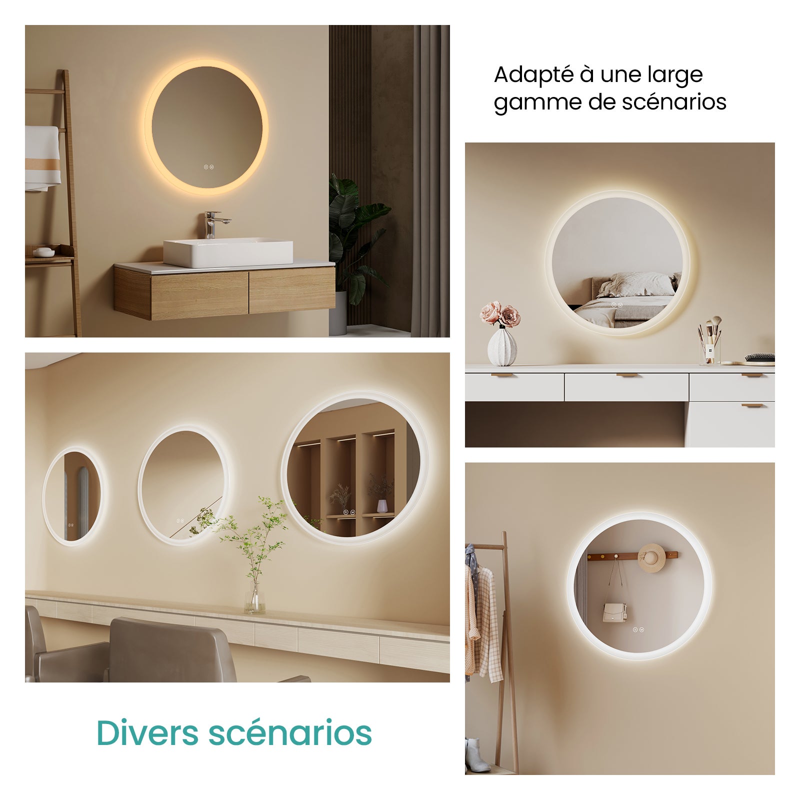 EMKE Miroir lumineux salle de bain rond diamètre 50cm, Miroir LED avec Interrupteur Tactile, Anti-buée, Miroir avec éclairage 3 couleurs - 7
