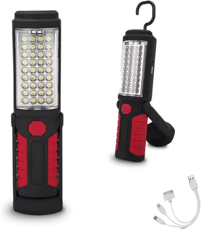 Lampe de travail rechargeable, portable, LED, multi-usages, magnétique, avec crochet (rouge)