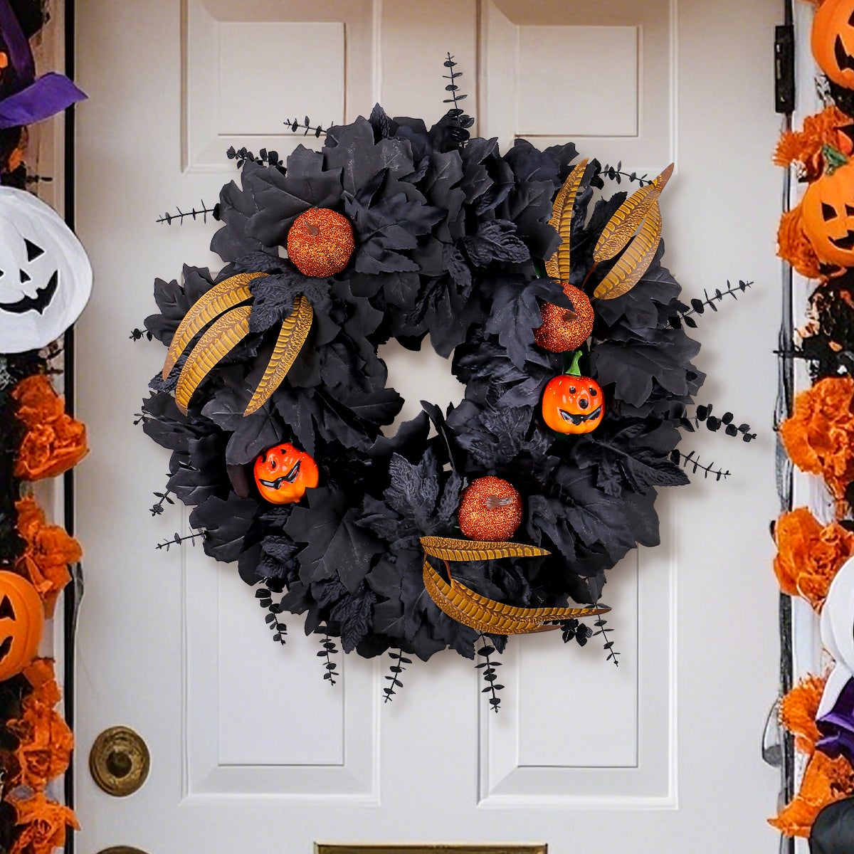 Wieniec na Halloween, czarna dynia z klonem, akcesoria dekoracyjne na Halloween, idealne na drzwi wejściowe, ściany