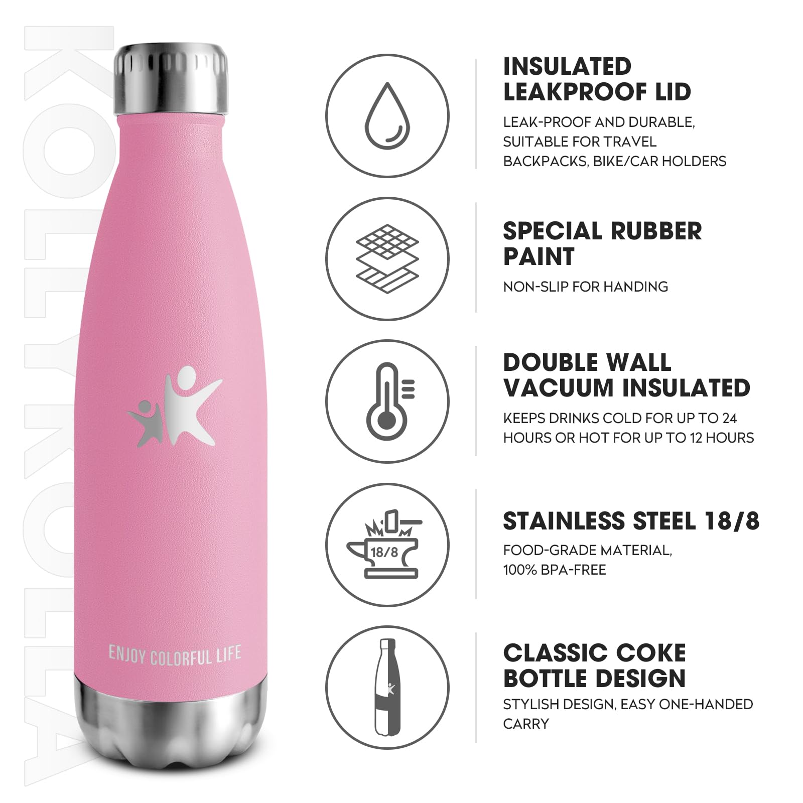 KollyKolla Borraccia Termica, 500ml, Bottiglia Acqua in Acciaio Inox, Sottovuoto a Doppia Parete, Termos senza Perdite, Bottiglia Sportiva, Scuola, Pa - 2