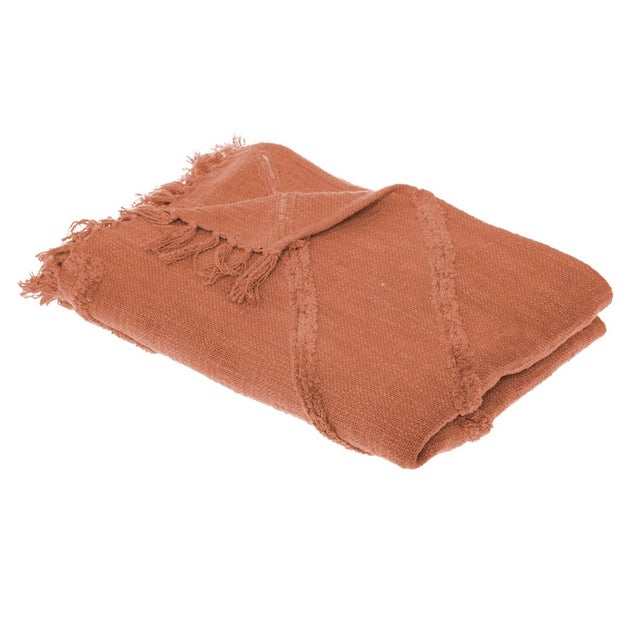 Plaid en polyester recyclé tissé à franges terracotta 170x130 BALLY