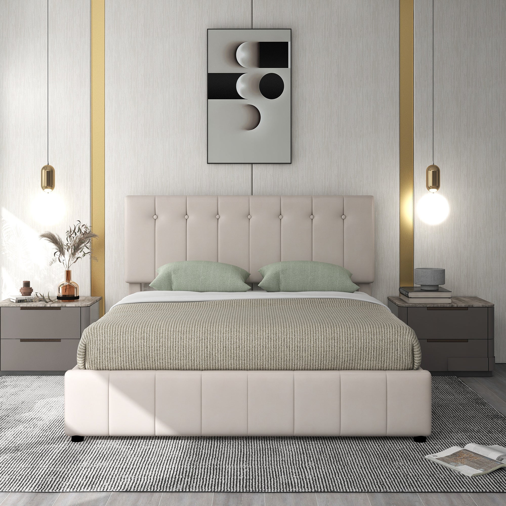 Łóżko tapicerowane podwójne 140 x 200 cm ze zdejmowanym zagłówkiem i podstawą z listew - LED - Regulowane zagłówki - Biała imitacja skóry