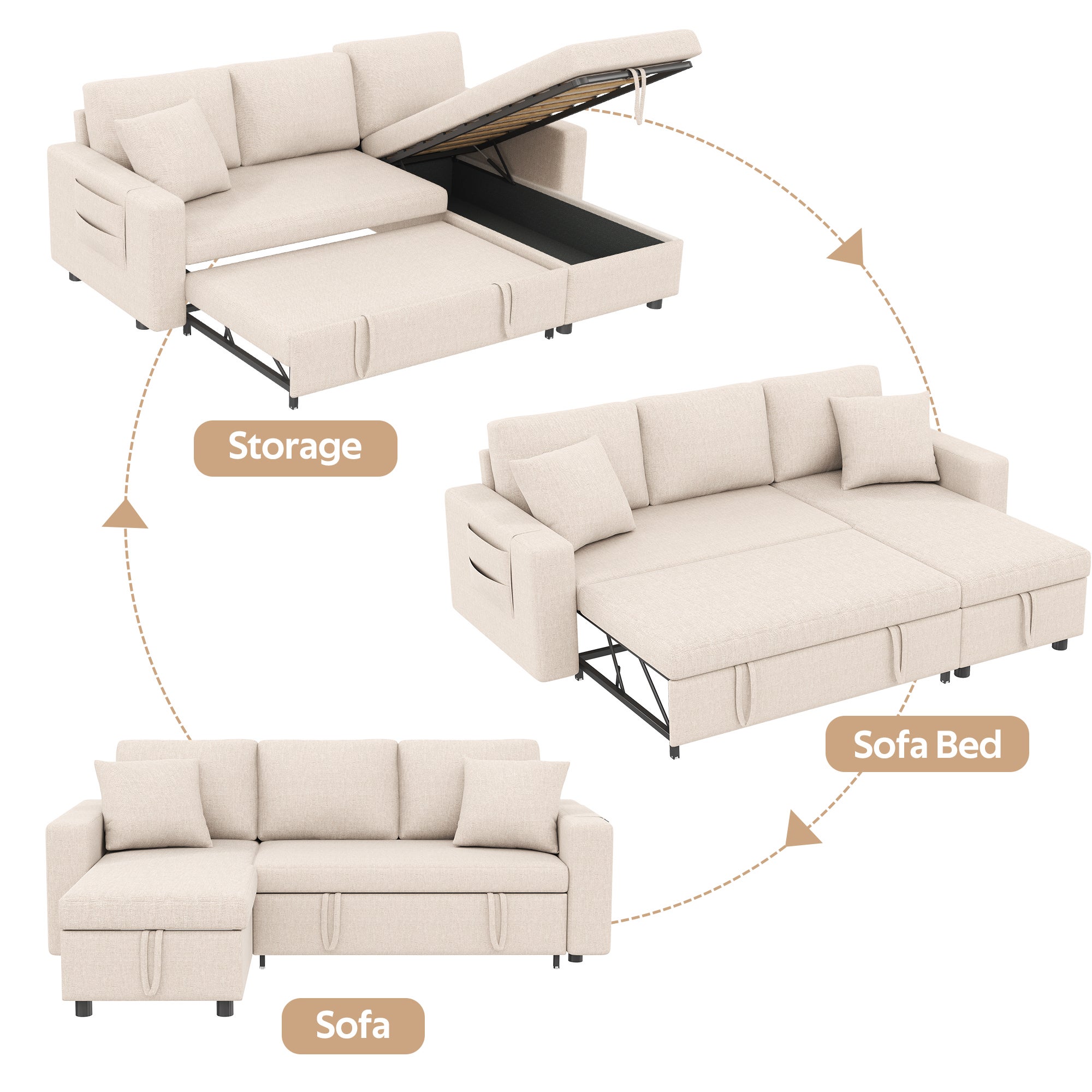 Canapé d'angle convertible réversible 4 places, Tissu en Lin,L219,canape convertible avec coffre de rangement,canapé en L,beige - 4