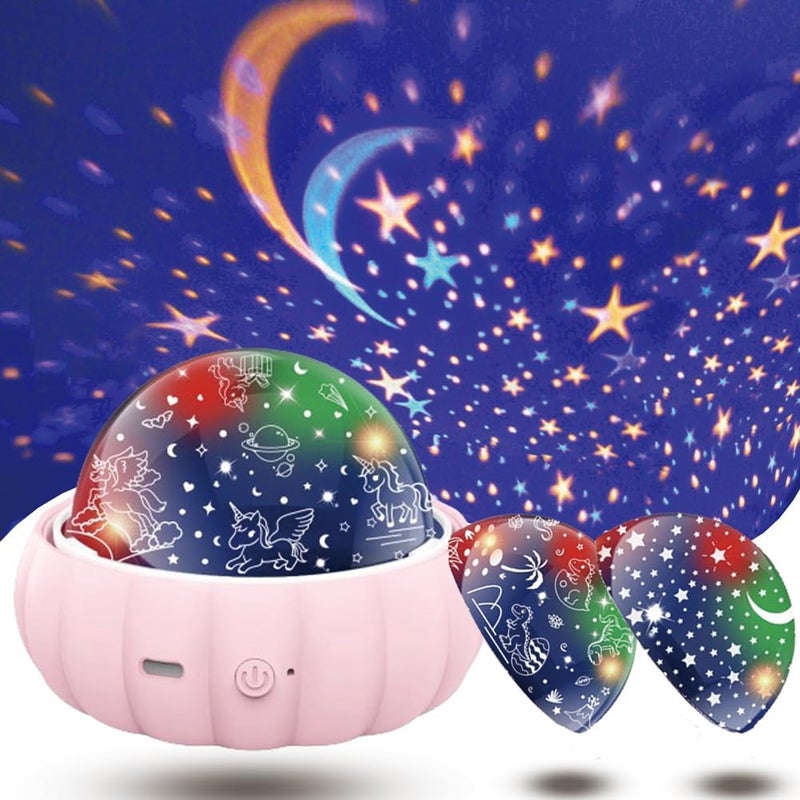 Projektor gwiazd obrotowy o 360°, 3 w 1, gwiaździste niebo, dinozaur, jednorożec (różowy)