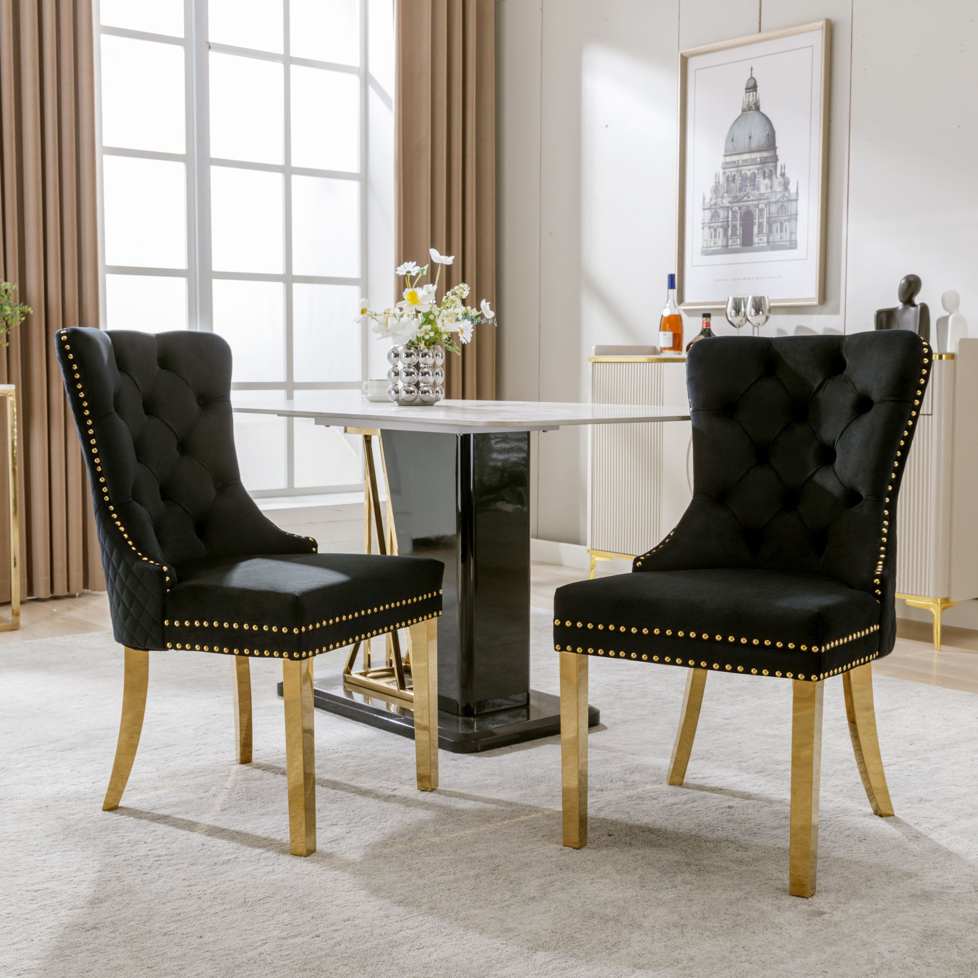 Silla de comedor diseño único, terciopelo negro con accentos dorados, pies de acero inoxidable, 2 piezas
