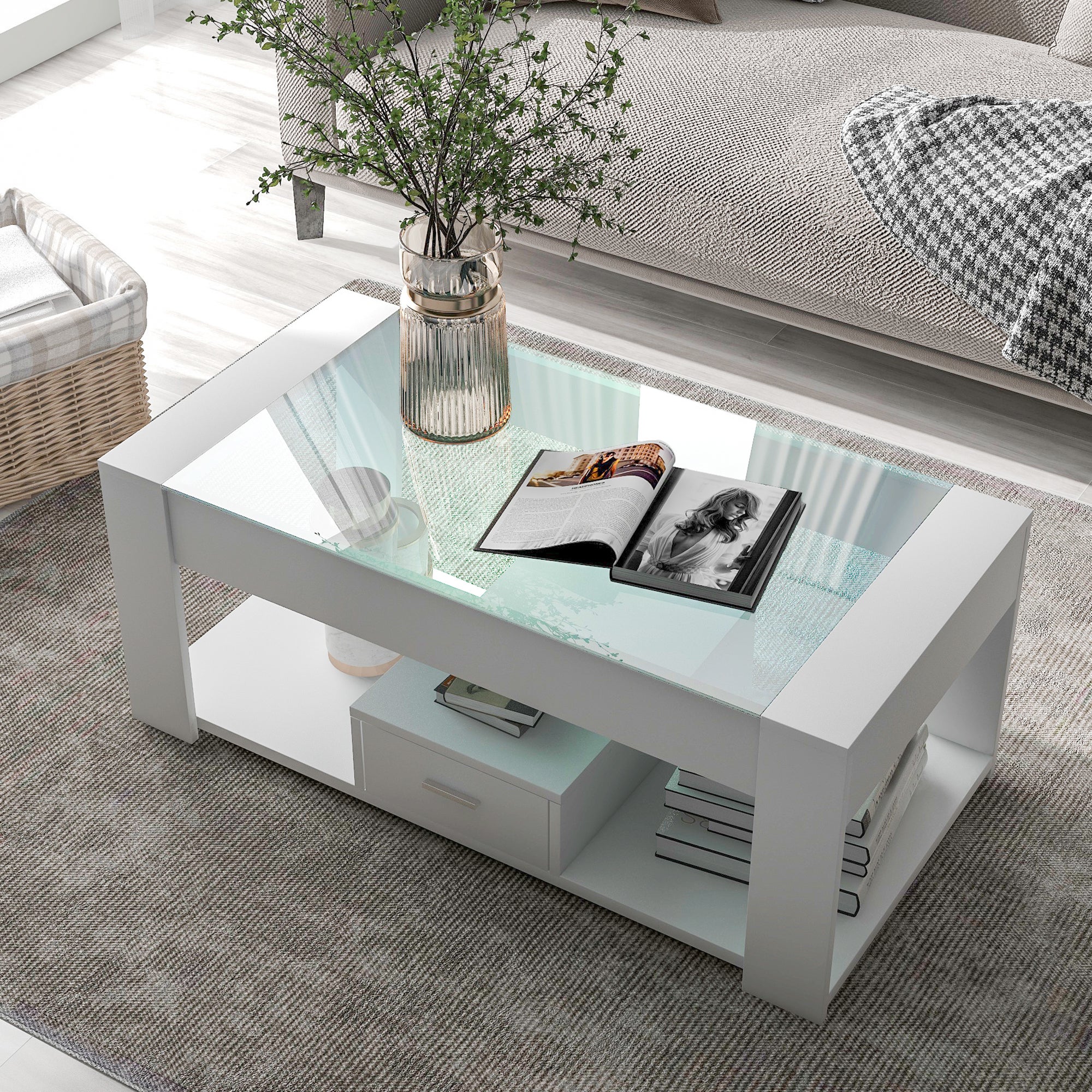 【WF287742AAA】Table basse de salon avec plateau en verre, casiers et rangement, blanc 100 x 50 x 40 cm - 2