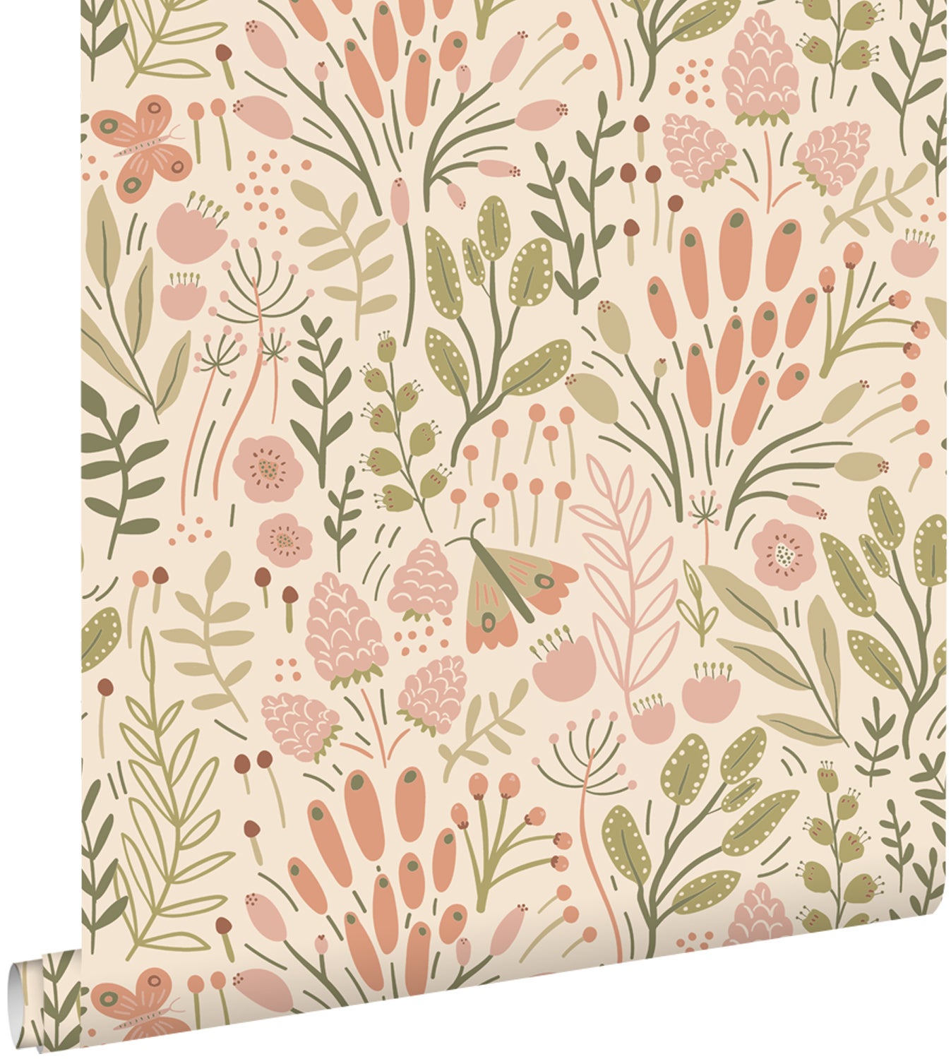 Papel pintado hojas y flores verde oliva agrisado y rojo barro cocido - 50 x 900 cm - estahome