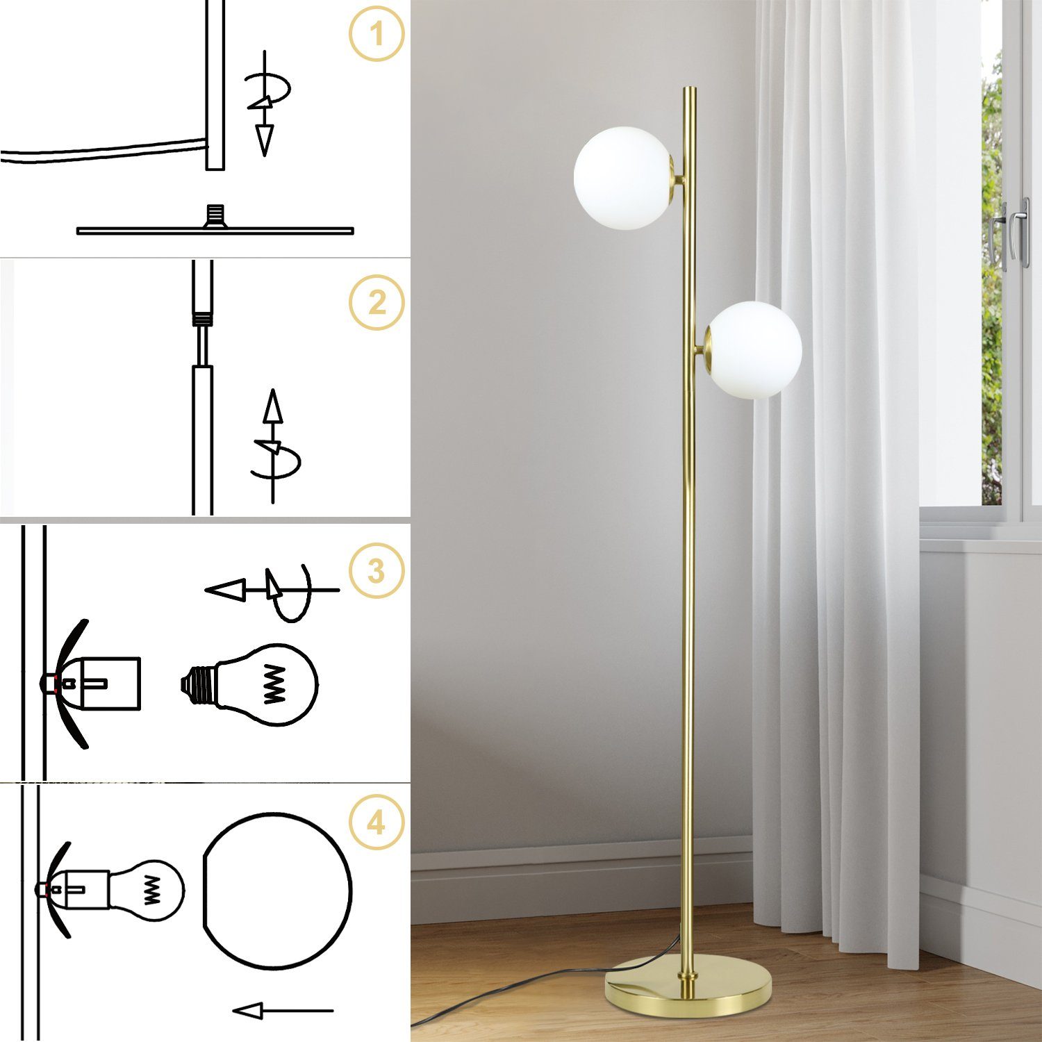 NETTLIFE Lampadaire Salon Moderne - Gold Design Lampadaire E27 Douille Lampe de sol avec interrupteur à pied -166cm （Sans source） - 7