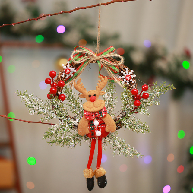 Decoraciones de corona navideña, puerta de muñeca de reno que cuelga ramas muertas, guirnalda circular de vid, adorno navideño