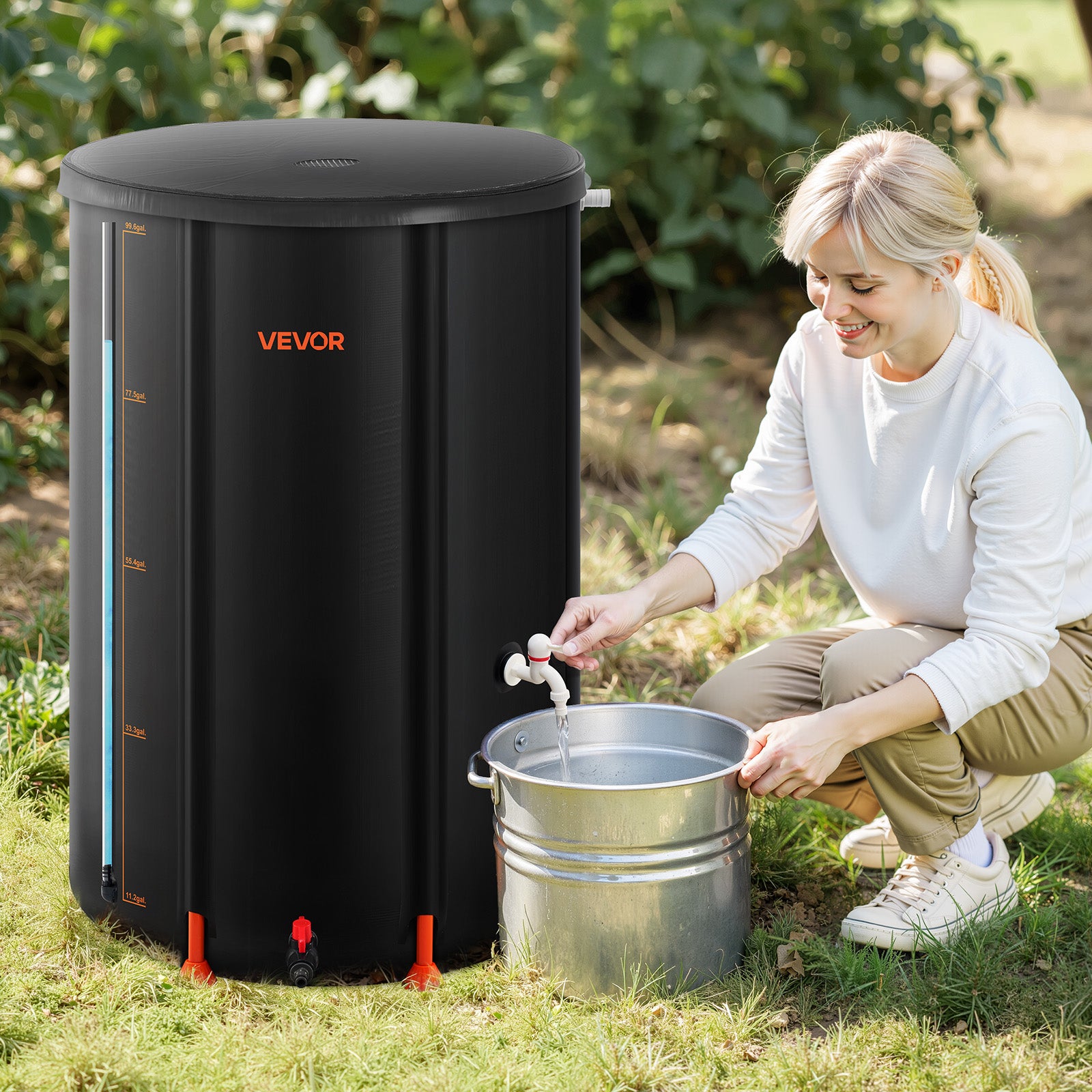 Récupérateur d’eau de pluie pliable VEVOR en PVC 1000D, 380 L, avec robinet, kit trop-plein et bac collecteur, pour arrosage de jardin, noir - 8