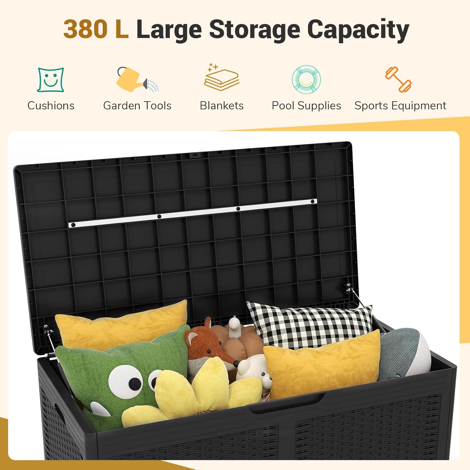 Coffre de Rangement Extérieur Étanche 380 L, Coffre Banc Jardin Exterieur avec 2 Roues, Charge 200KG (Noir,111x56x61-380L) - 4