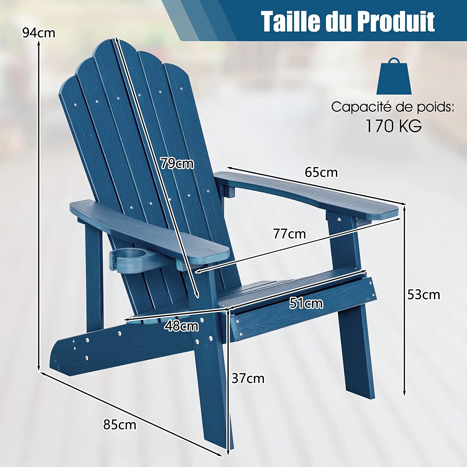 Fauteuil de Jardin Adirondack en HIPS Imperméable avec Porte-Gobelet Charge 170KG, Bleu Marine - 5