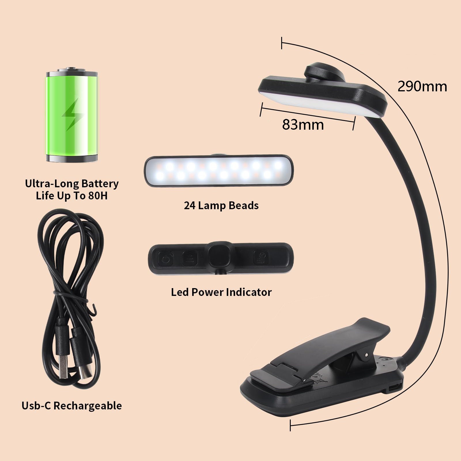 Lampe De Lecture Rechargeable - 24 LED, 3 Tons & 5 Luminosités, Bras Flexible, Pour Lit Et Voyage - 3