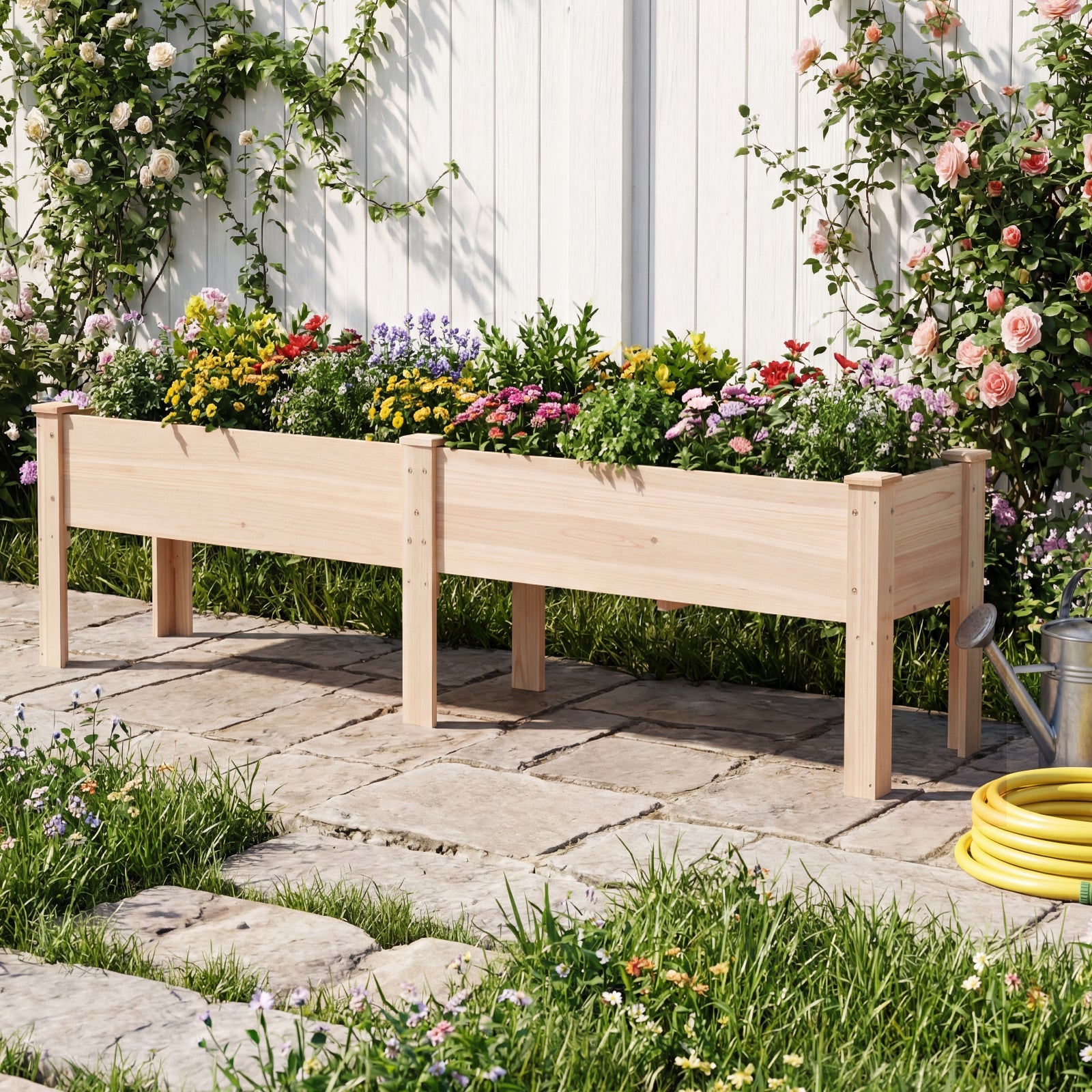 Jardinière avec 2 Zones de Culture, Bac à Fleur Surélevé en Bois de Sapin Plateaux Amovibles Séparation Trou de Drainage, 240 x 43,5 x 51,5CM, Naturel - 8