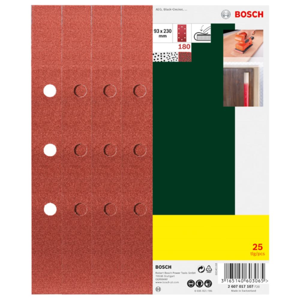 Bosch Zestaw papierów ściernych do szlifierek oscylacyjnych 25szt. 8 otworów (B+D) 93 x 230 mm 180 - 2607017107