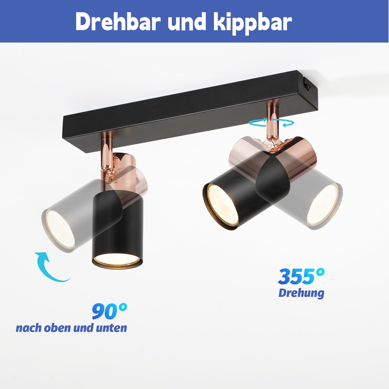 NETTLIFE Foco de techo negro GU10-2 Lámpara de cocina con llama giratoria de 355° industrial moderna - 2