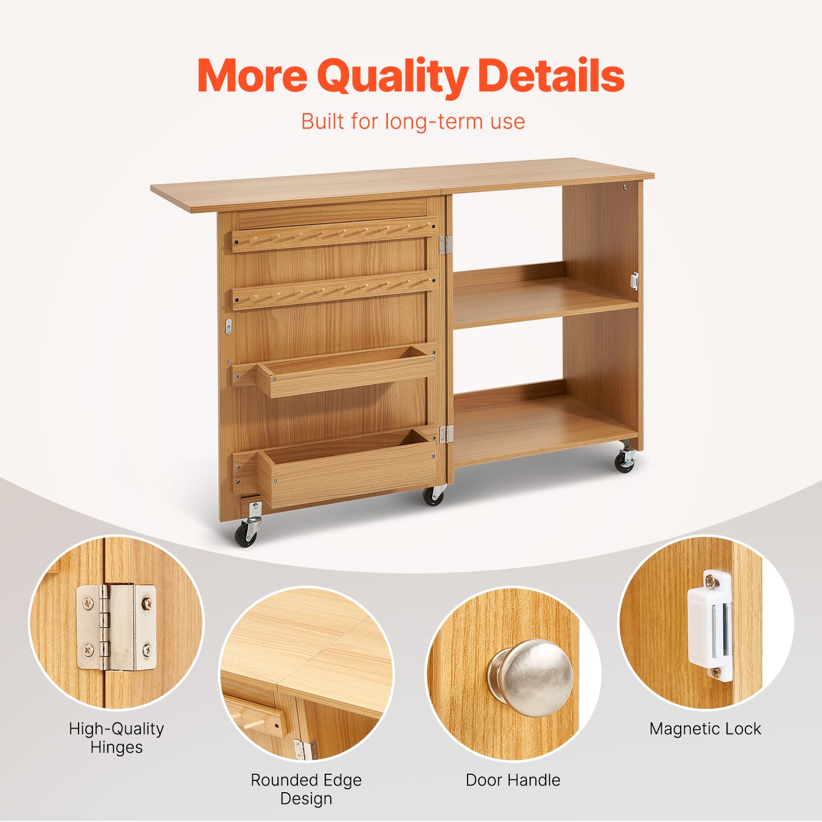 Mesa de Costura Plegable,VEVOR Multiusos para Máquina de Coser,Diseño Compacto,Ruedas,Estantes,Bandejas,Color Madera Natural - 6