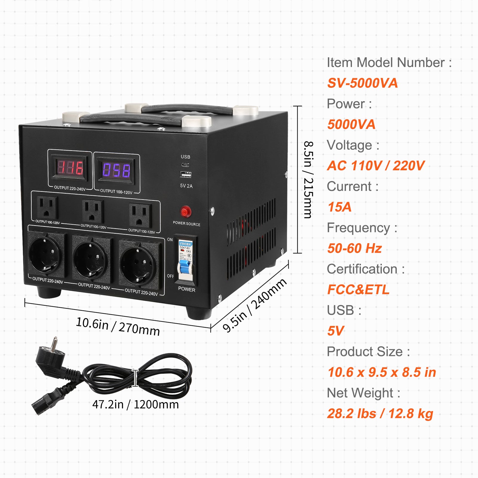 Transformateur convertisseur tension, 5000 W, élévateur/abaisseur robuste, 110 V à 220 V et 220 V à 110 V, prise américaine, prise SucceBuy - 9