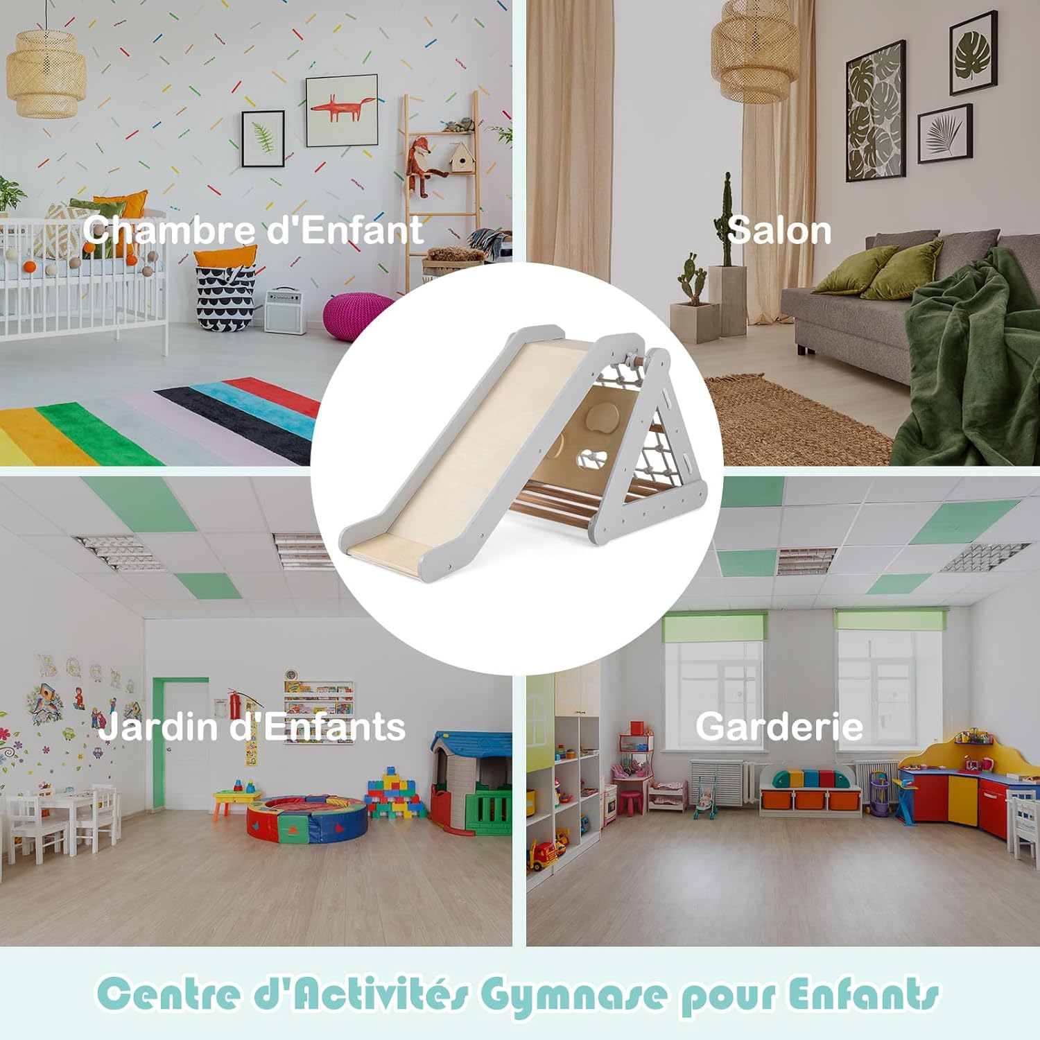 Triangle d’Escalade Montessori Enfants avec Filet à Grimper, Planche et Échelle,Pierres avec Toboggan,Aire de Jeux Intérieur pour Bébé 1 an+(Gris) - 4