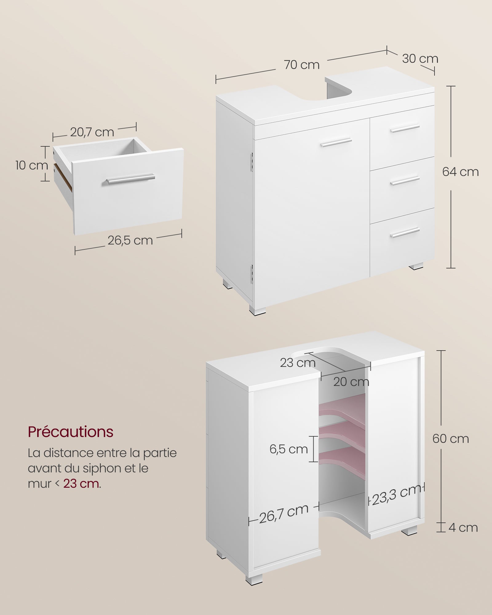 Meuble sous Lavabo, 3 Tiroirs Latéraux, 2 Compartiments Derrière la Porte, avec Pieds, 30 x 70 x 64 cm, Blanc Nuage - 5