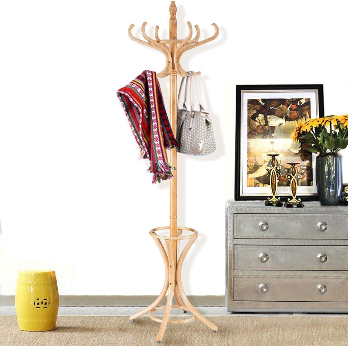 Porta Borse Appendiabiti Da Terra Appendiabiti In Legno Autoportante, Ingresso, Ingresso, Albero, Albero, Con 7 Ganci, Per Casa O Ufficio, Vestiti, Sciarpe, Borse Attaccapanni Da Terra ( Blue : E , Size