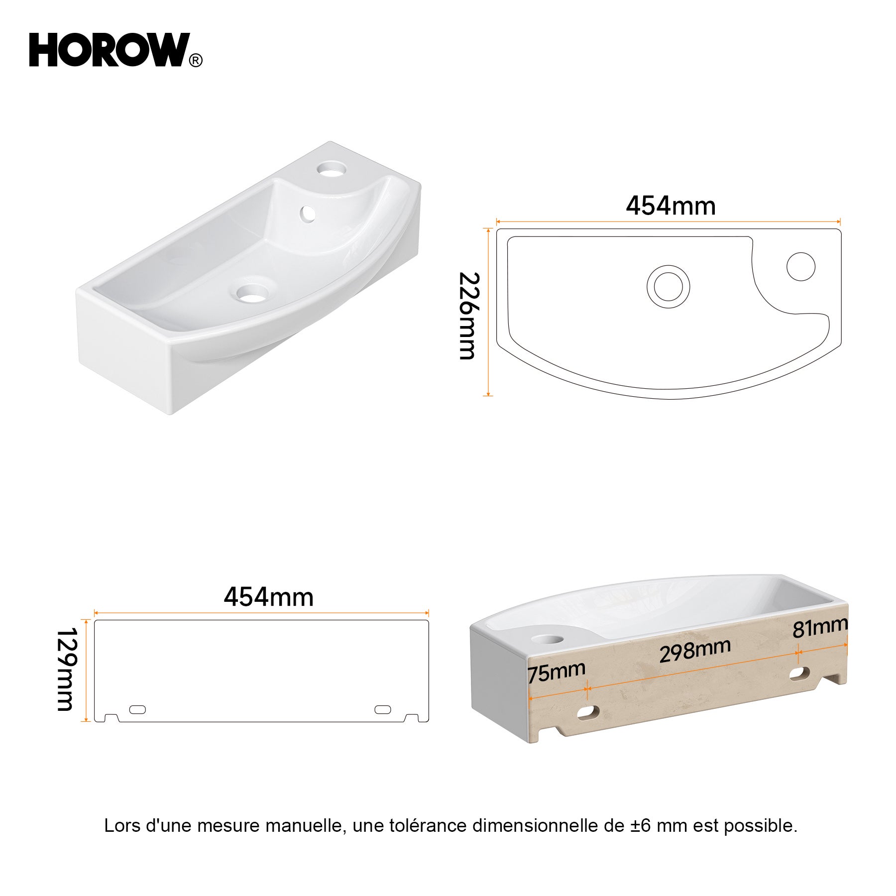 Lavabo mural, vasque à poser, lave-mains mural, vasque 45,4 x 22,6 x 12,9 cm avec trou pour robinet et trop-plein HOROW - 4