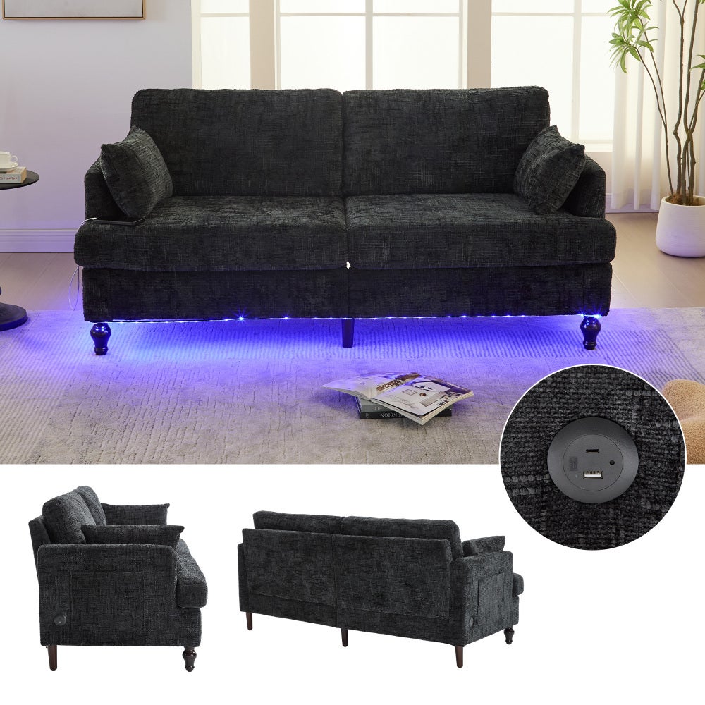 Sofa 2-osobowa, szenilowa, z nogami drewnianymi, LED, USB, kieszonka na drobiazgi, beżowa