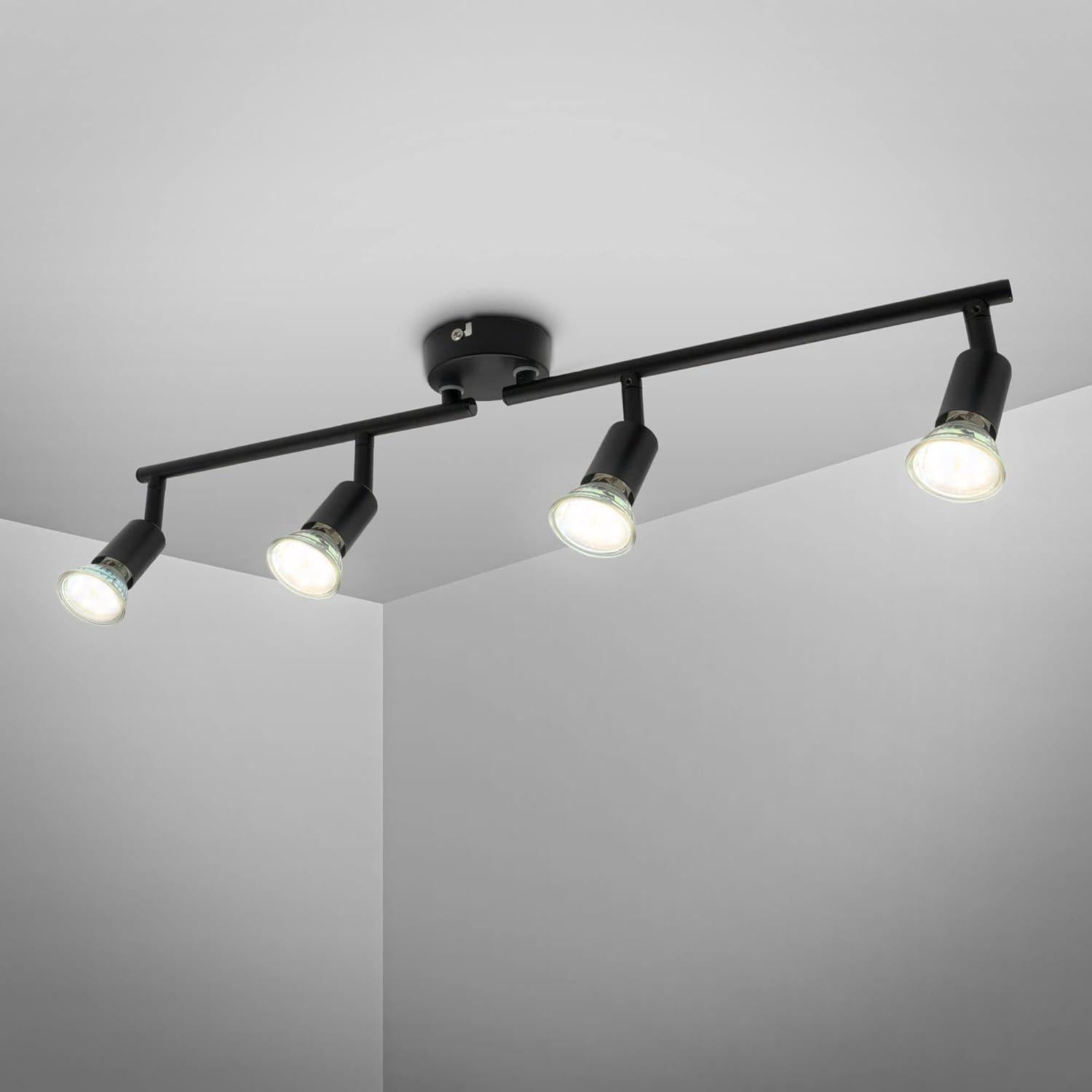 Plafonnier LED 4 Spots Orientables 340° - Ampoules GU10 Dimmables Incluses (3000K Blanc Chaud) - Pour Cuisine, Salon, Chambre - Installation Facile, Design Moderne Noir - 3