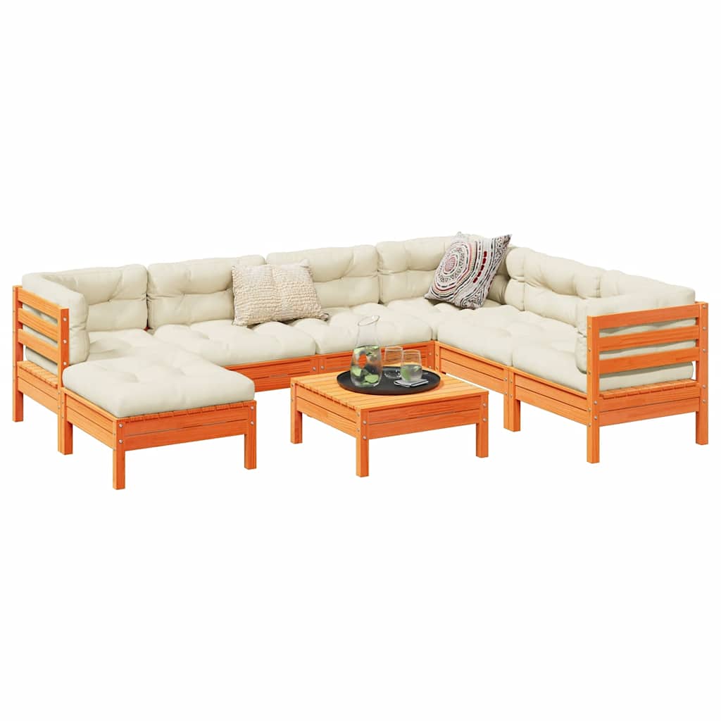Set de sofás jardín 8 pzas con cojines madera pino marrón cera