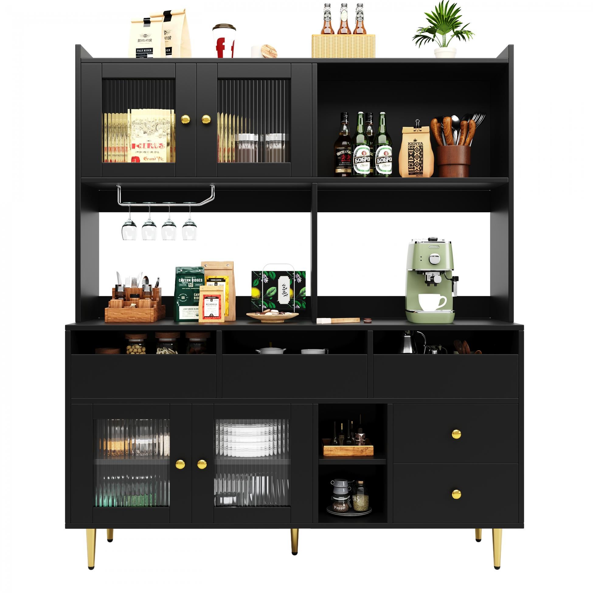 Buffet haut de salle à manger avec portes en verre dépoli, range-verres et espaces de rangement – Noir avec détails dorés – 145×39×171 cm - 2