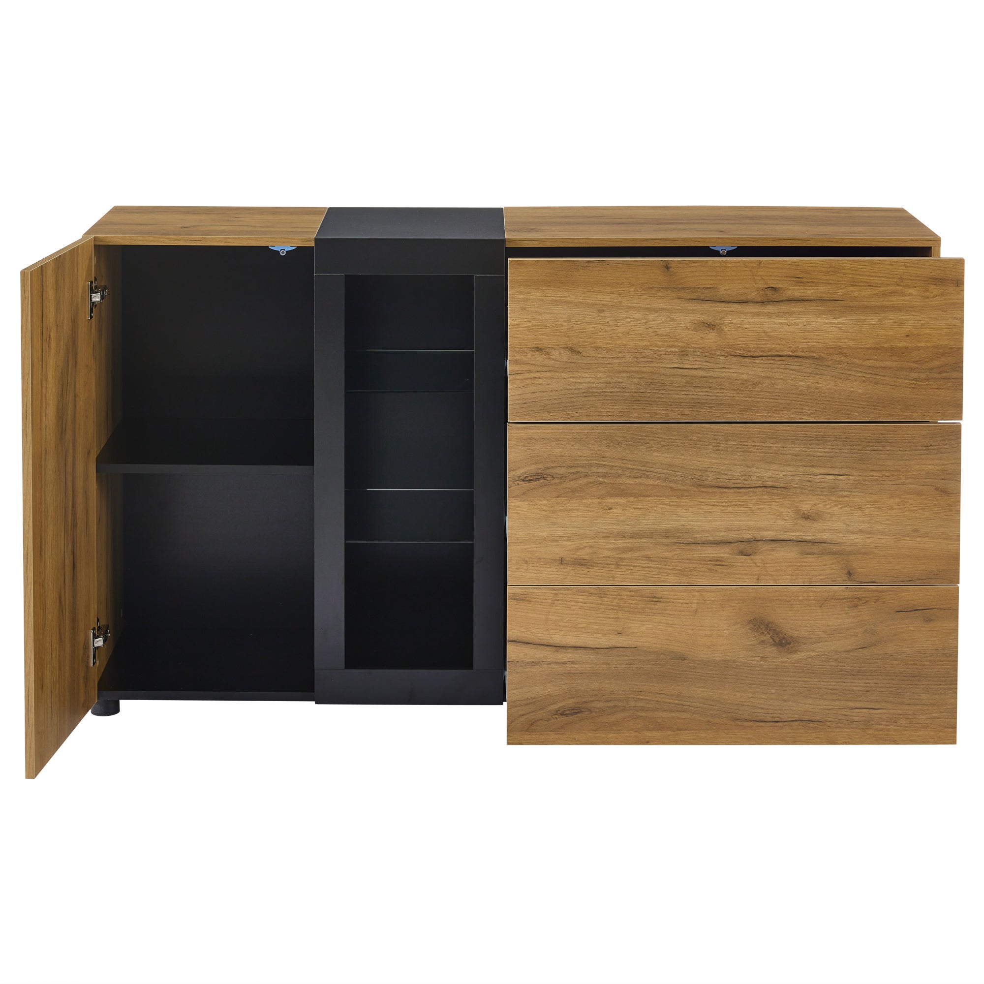 Buffet bas avec 3 tiroirs, commode - 140 x 40 x 80 cm - LEDs - Panneau de particules - Marron + Noir - 5