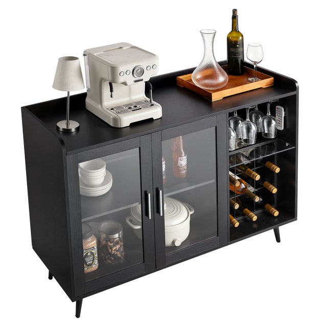 Meuble Bar avec Rangement SucceBuy, Buffet de Cuisine 120x40x90 cm, 9 Casiers a Bouteilles, Porte-verres et Eclairage LED Ajustable, Noir