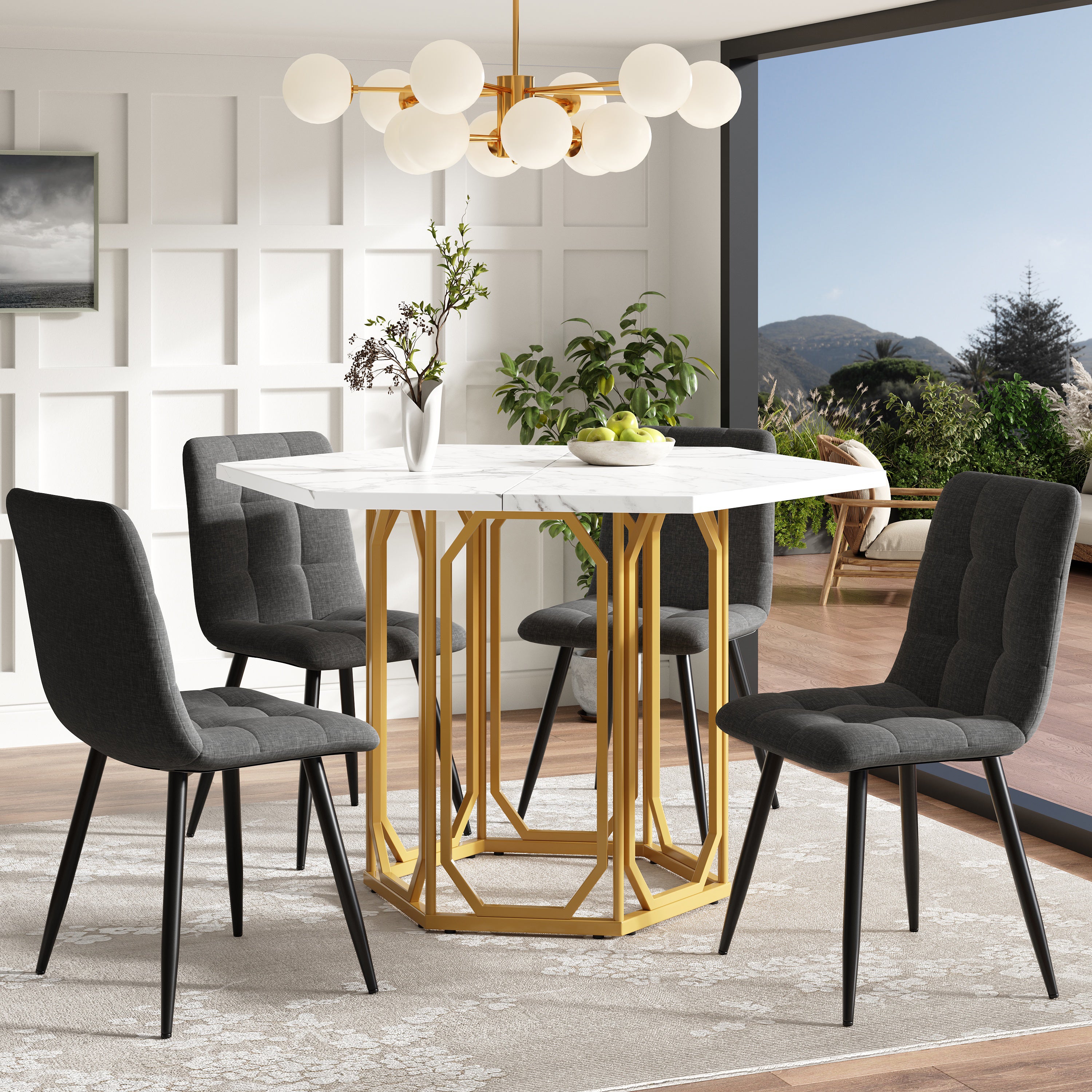 Zestaw stół sześciokątny + 4 krzesła lniane do jadalni - dł. 100 x gł. 95,4 x 75,5 cm - płyta MDF i nogi metalowe w kolorze złotym - biały + szary