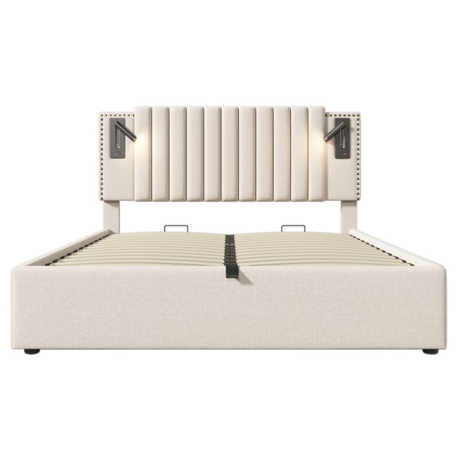 Letto matrimoniale imbottito 160 x 200 con app control LED e ricarica USB-C, PU, bianco Letto matrimoniale imbottito 160 x 200 con app control LED e ricarica USB-C, PU, bianco