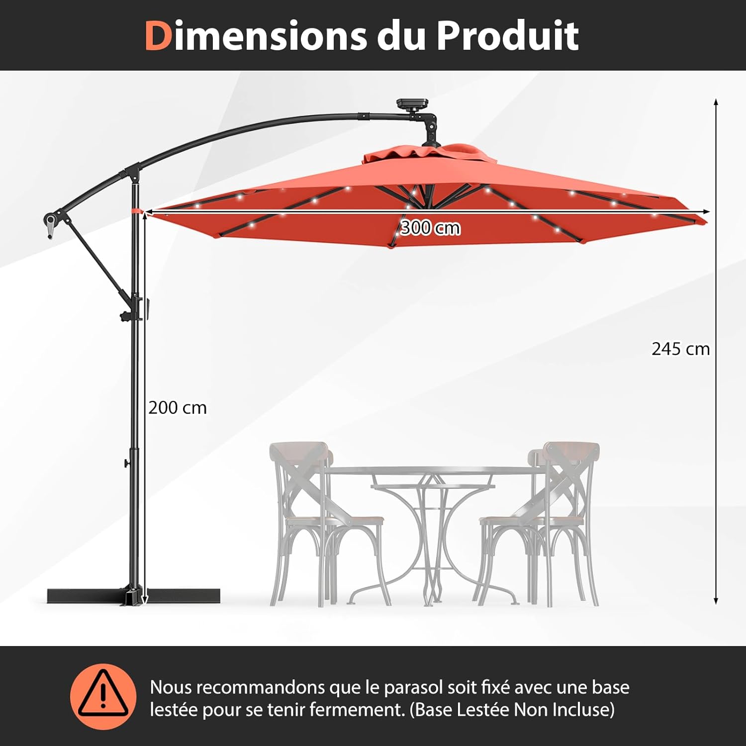 3M Parasol Déporté avec 32 LED Solaires, Parasol de Jardin 8 Baleines avec Tissu Protection Solaire, Parasol Inclinable Rotatif à 360°, Orange - 2