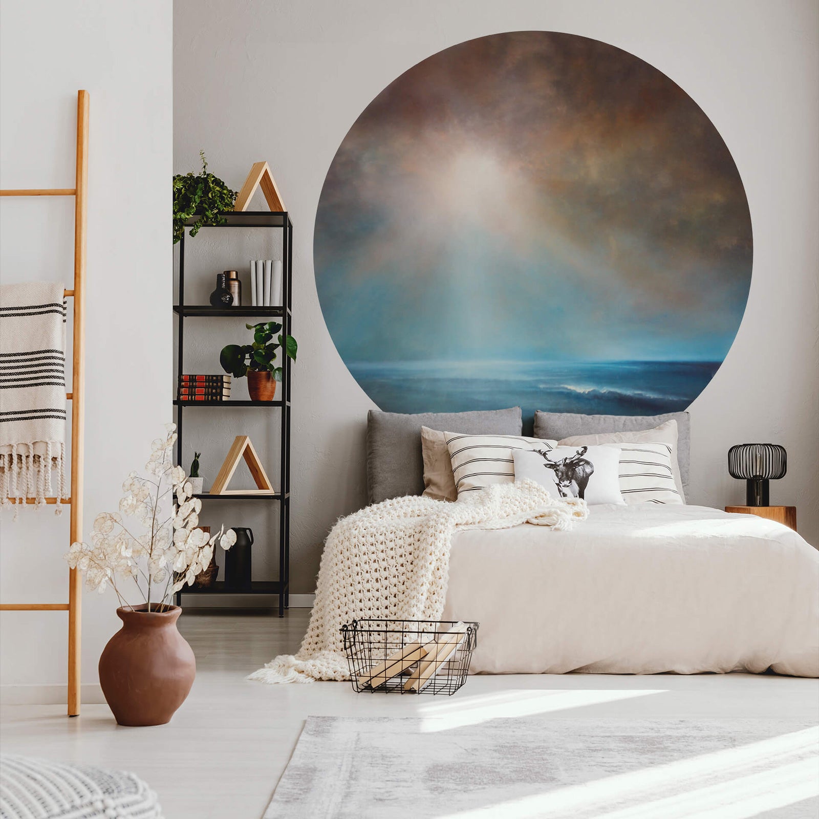 Tapisserie Murale Paysage Bord De Mer Boho - Chaumière Naturelle Au Bord De L'Océan, Tenture Murale Esthétique 200x200 Cm Bleu Vert Pour Chambre Salon Dortoir