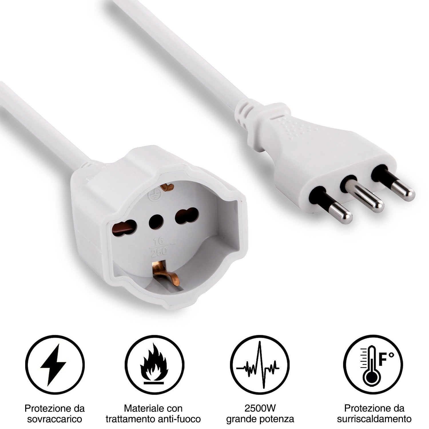 Rallonge 5m standard italien: fiche et prise 16A (schuko + 10 / 16A), blanc. Câble 3G1,5 mm - 7