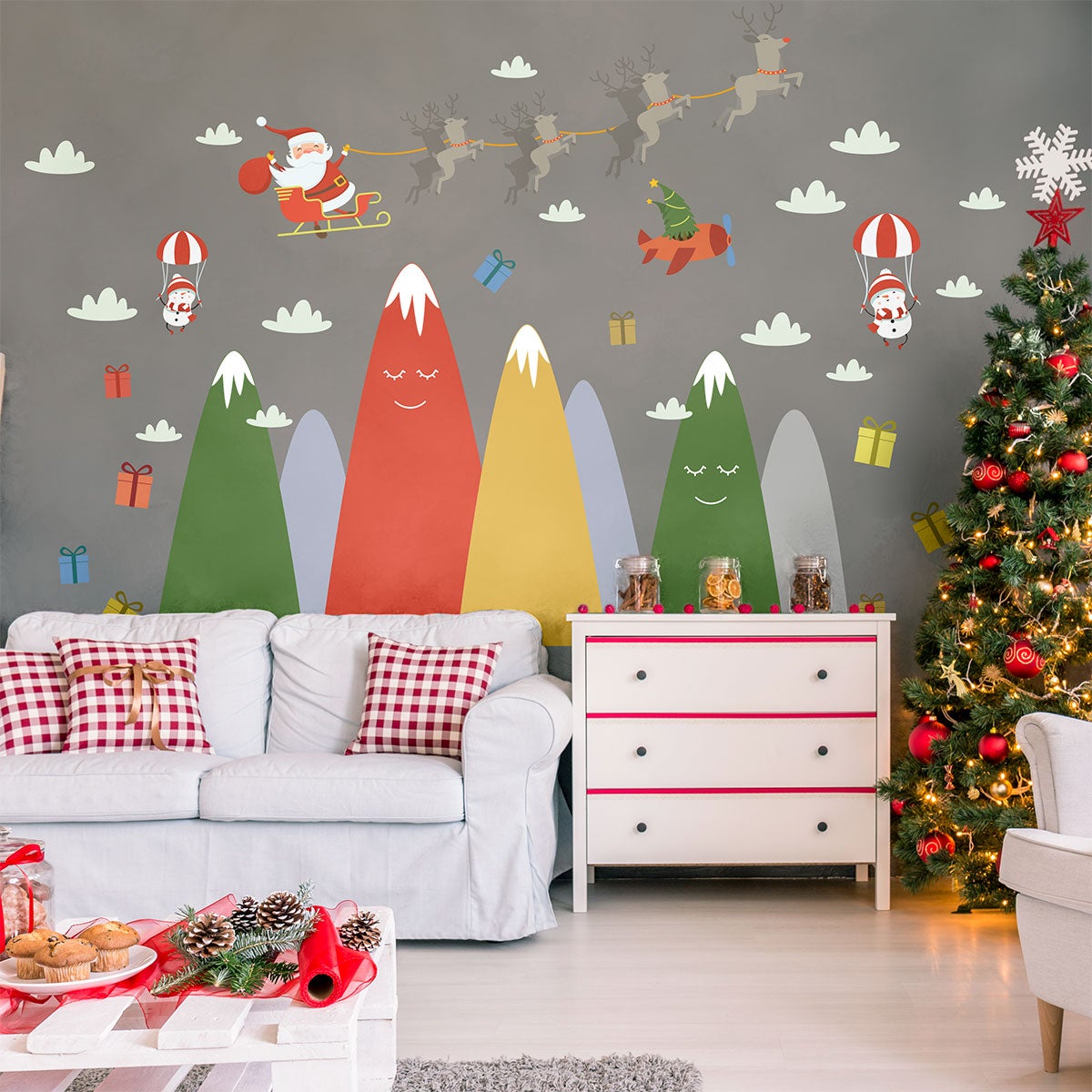 Adesivi montagne Babbo Natale e le sue renne - Sticker adesivo - adesivi murali - 110x165cm - 3