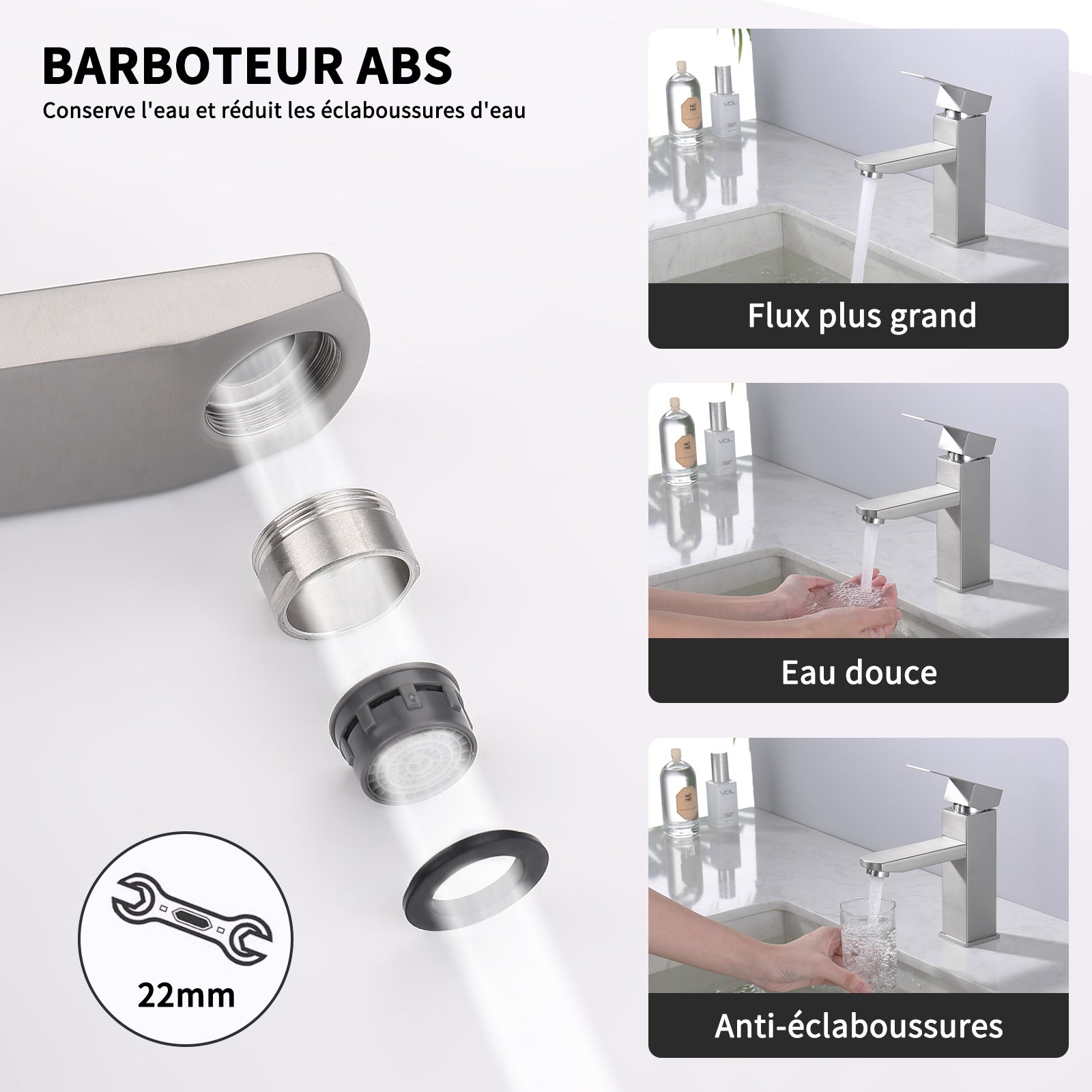 Robinet Salle de Bain Brossé Mitigeur Lavabo Gris Chaud & Froid Réglable, Robinet Lavabo avec Poignée Carré en Inox - 2