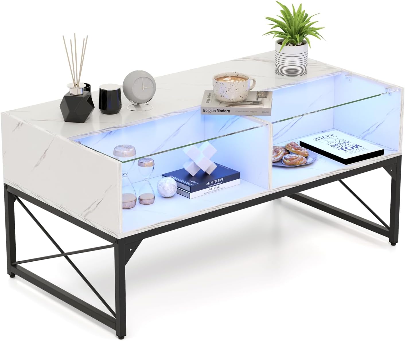 Stolik Kawowy Lakierowany Marmur Szklany, Stolik Kawowy LED z Pilotem 20 Regulowanych Kolorów 4 Kostki, 105 × 55 × 50 cm (Biały)