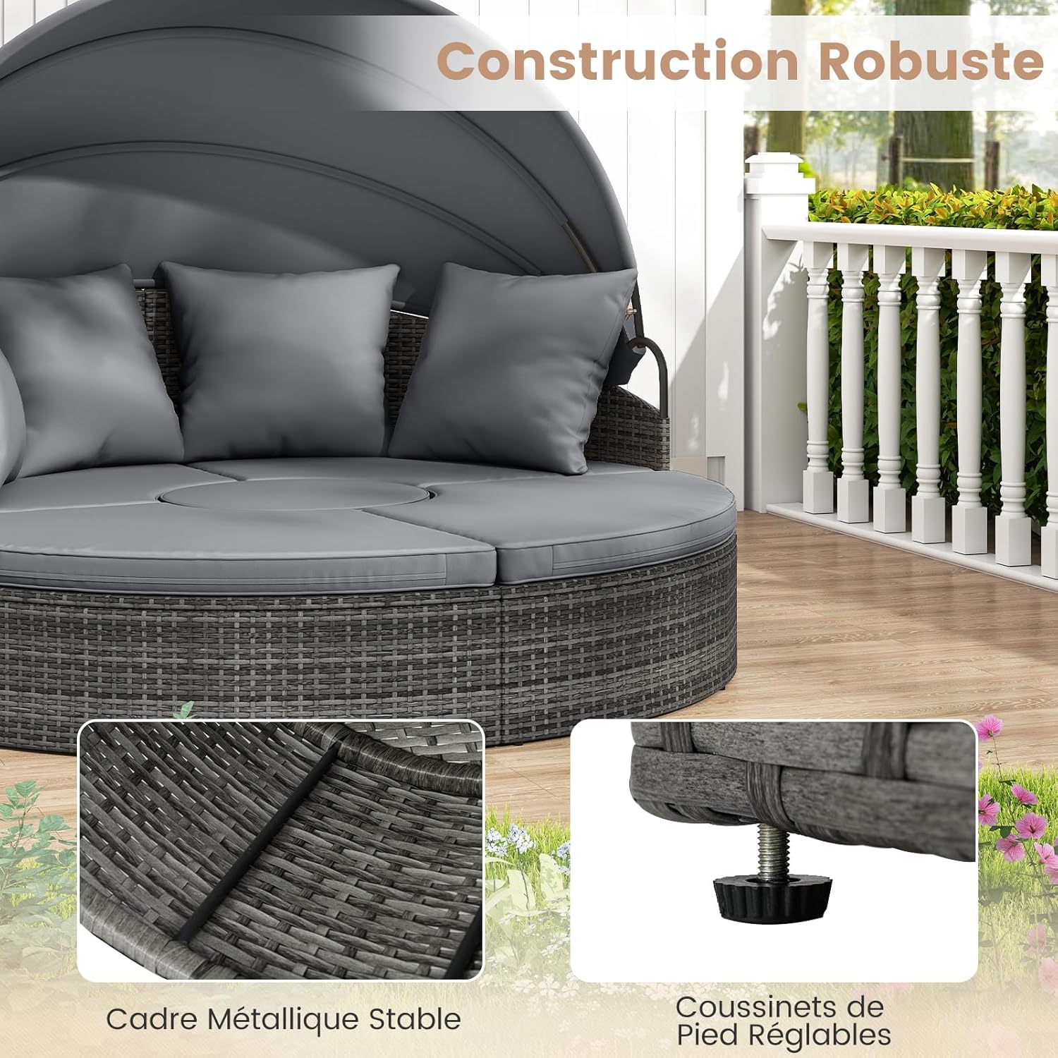 Lit Rond d'Extérieur avec Auvent Rétractable, Canapé d'Extérieur en Sections en Rotin PE avec Coussins, pour Jardin, Piscine, Gris - 6
