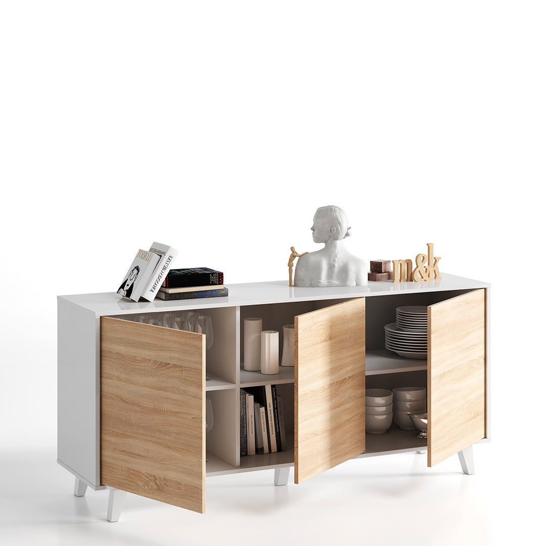 Buffet scandinave ABBY 3 portes L154cm - Blanc / Bois - 3