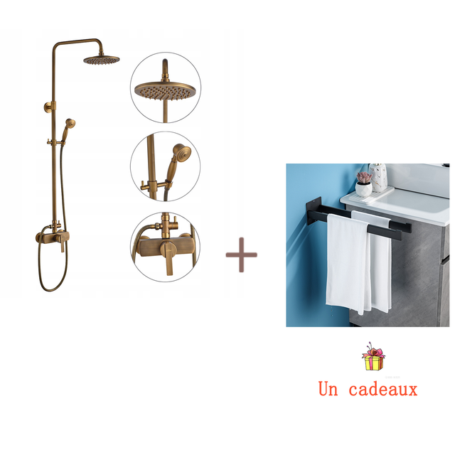Colonna doccia in ottone bronzo retrò,Doccia con Miscelatore meccanico,Altezza regolabile+Porte Asciugamano Bagno Adesivo, Barre Porta Asciugamani