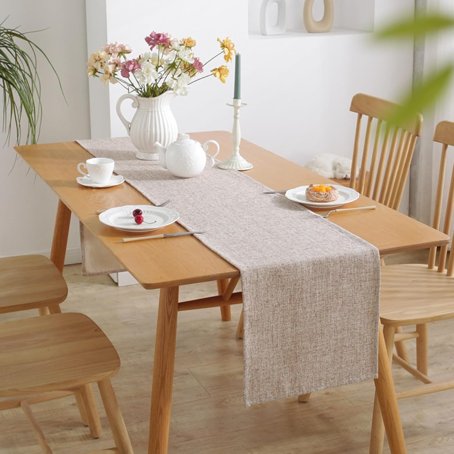 Camino de mesa rústico bohemio de lino tejido para comedor o mesa de centro, 33 x 122 cm, beige - 2