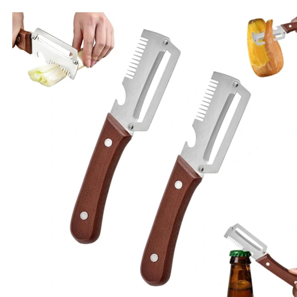 Zestaw 2 obieraczek wielofunkcyjnych do warzyw - ostrza ze stali nierdzewnej, drewniana rączka, kompaktowy design do obierania, rozdrabniania i krojen - 2