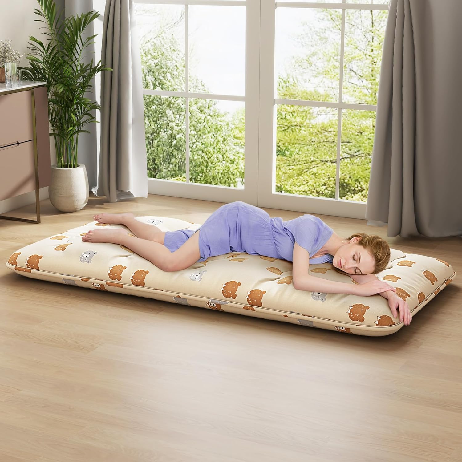 Matelas Futon Japonais 1 Personne 90x200CM, Lit de Couchage Enroulable de Sol Pliable et Portable avec Sac de Transport pour Camping, Voyages, Ours - 2