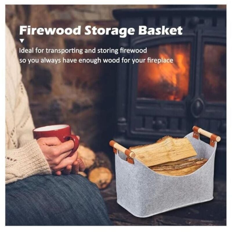 Borsa porta legna in feltro grigio chiaro (45 x 40 x 32 cm), cestino porta legna pieghevole con manici rinforzati, borsa porta legna in tela - 2