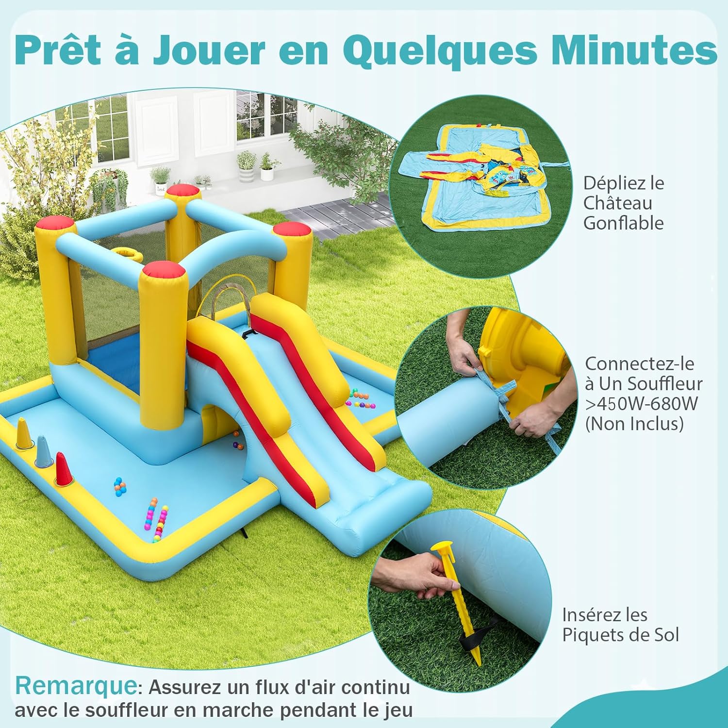 7 en 1 Structure Gonflable avec Toboggan & Maison de Saut, Aire de Jeux Gonflable avec Piscine à Balles & Panier de Basketball - 8