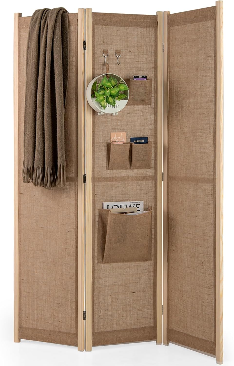 Paravent Interieur 3 Panneaux en Faux Lin avec 4Poches, 2 Crochets, Cordes en Jute et 20 Pinces en Bambou, pour Maison (120x170CM,Naturel(Porche)) - 7