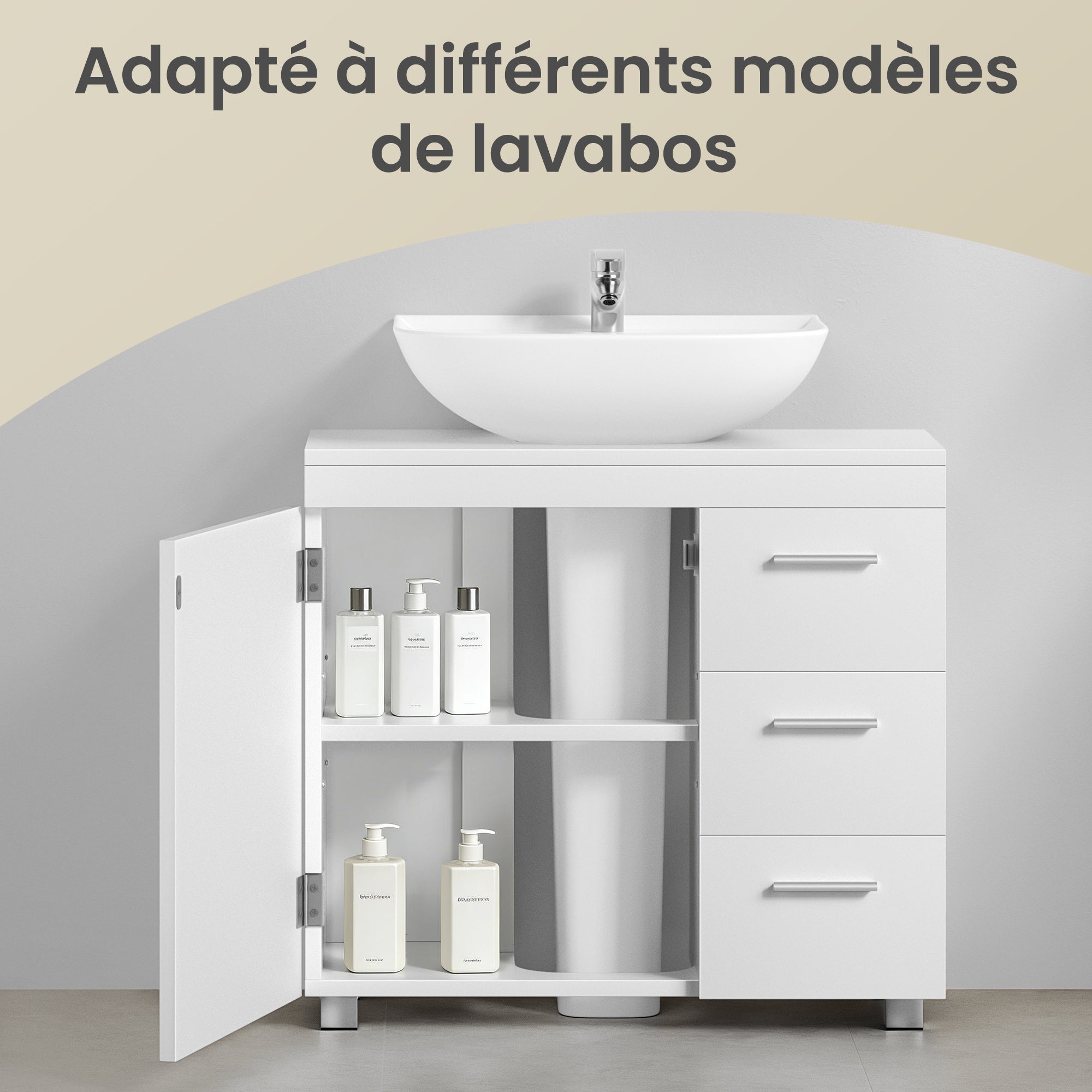 Armoire de Salle de Bain, Meuble Sous Lavabo avec Pieds, 2 Compartiments et 3 Tiroirs, Blanc - 6